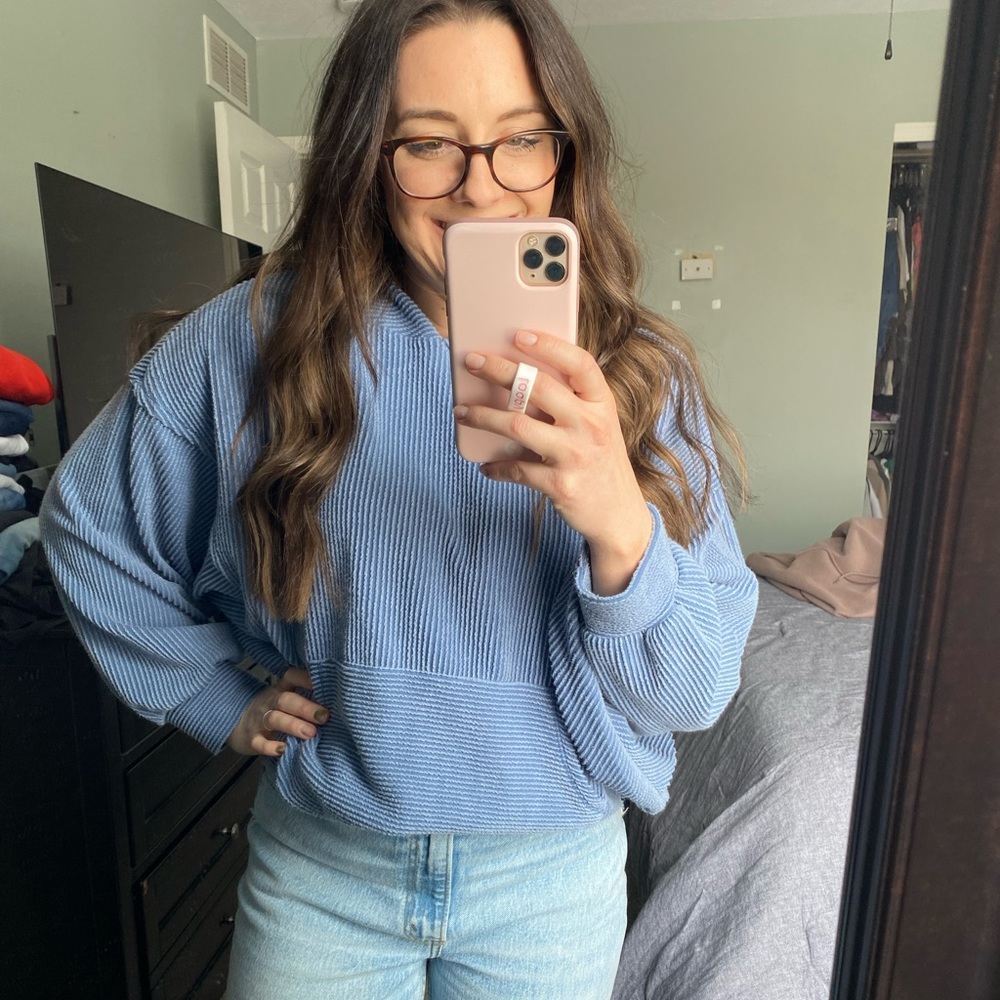 Pink Lily Blue Stretchy Corded Hoodie